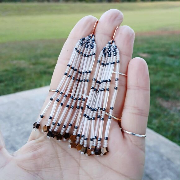 Beaded Fringe Dangle Earrings, Tigers Eye Stars, 3.5" - Picture 4 of 6